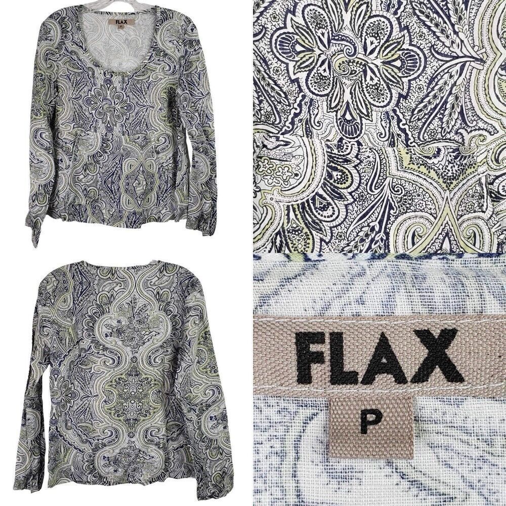 Flax Shirt Top Blue Green Long Sleeve Size Small Linen Paisley Boxy Lagenlook